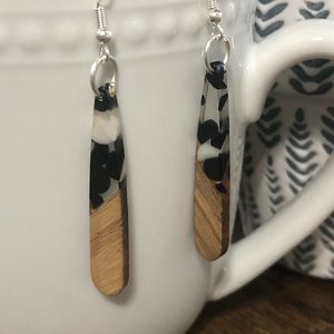 Long teardrop wood and resin earrings